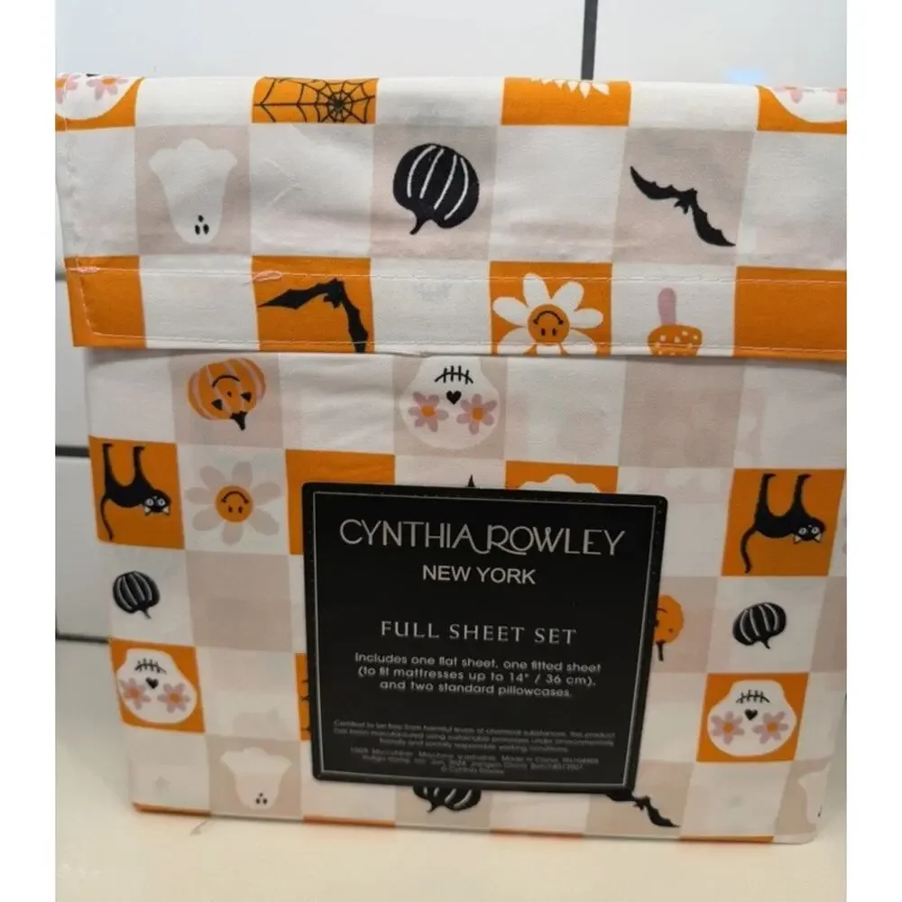 Cynthia Rowley FULL Halloween Sheets Checked Orange & Pink Sheet Set NEW NWT